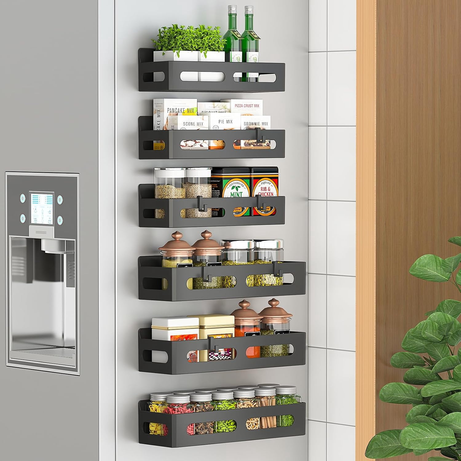4 Pack Magnetic Spice Rack for Refrigerator - Strong Magnetic Shelves with Hooks, Metal Fridge Organizer for Kitchen Spice Storage, Space Saving Multipurpose Shelf, Black