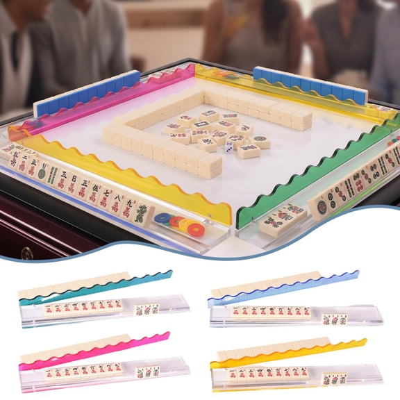 4 Pack Mahjong Tile Rack & Pusher, 17.5 Inch Acrylic Magnetic Mahjong Racks with Built-in Pushers, Clear Holders with Colorful Wavy Tops for Mahjong Game Night Accessories