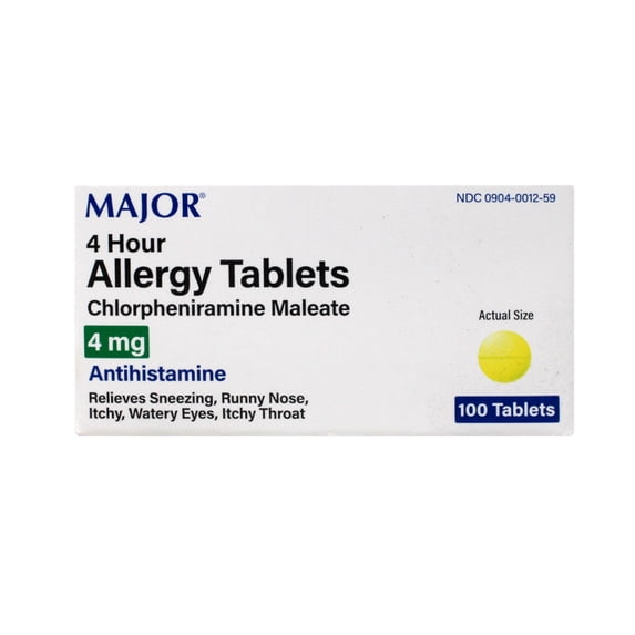 Major Allergy Tablets, Chlorpheniramine Maleate 4 mg, Antihistamine for Sneezing, Runny Nose, Itchy Eyes & Throat, 100 Tablets (4 Pack)