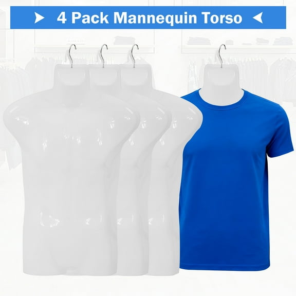 4 Pack Mannequin Torso Manikin Dress Form Male 30" Realistic Clothing Half Body Display Plastic Adult Table Shirt Mannequin Model Stand with Metal Hook for Hanging,White