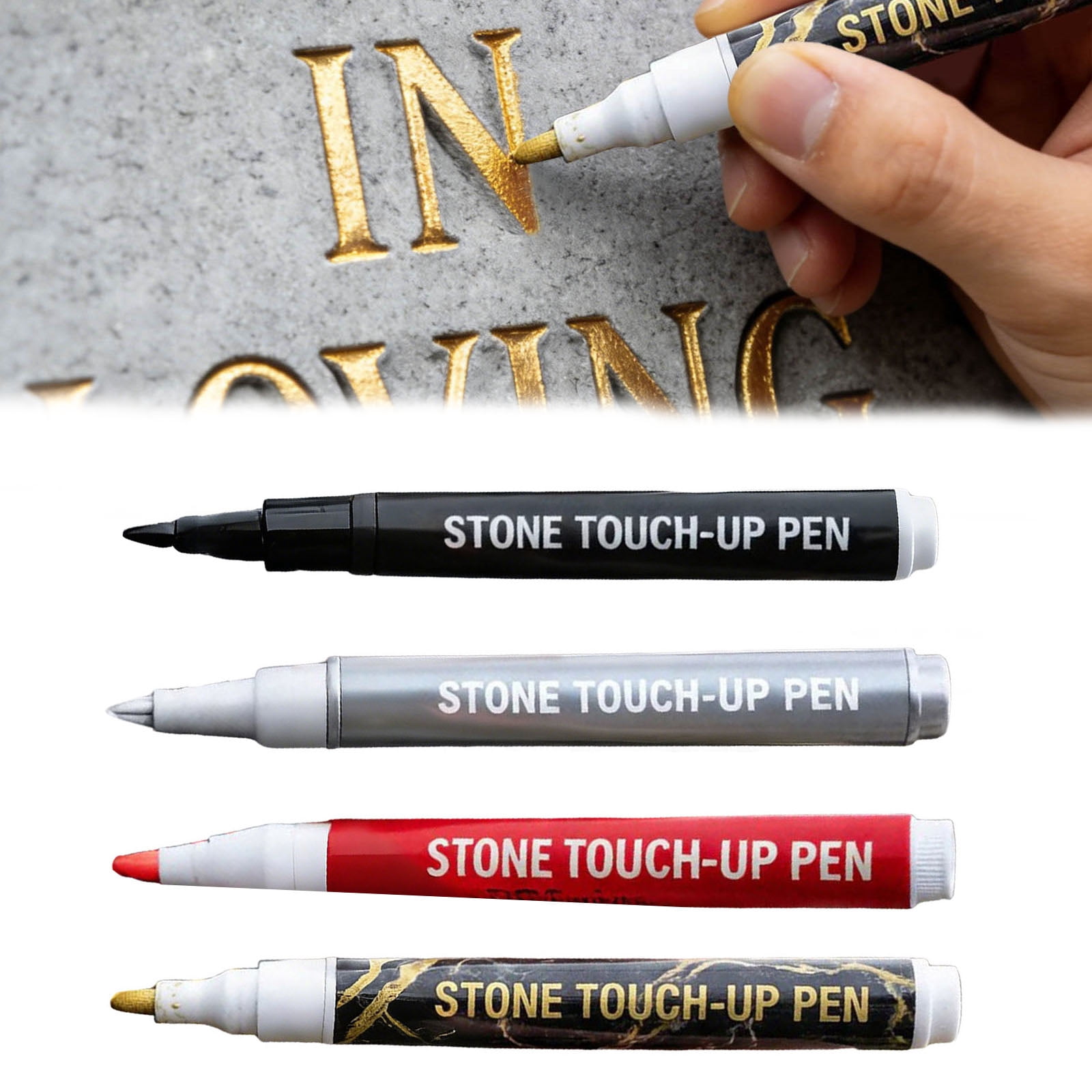 4 Pack Marker Pen for Restoring Faded Grave Inscriptions, Fast-Drying Stone Touch Up Pen, Paint Markers for Granite Headstones Grave Marker Mug, Black+Gold+Red+Silver