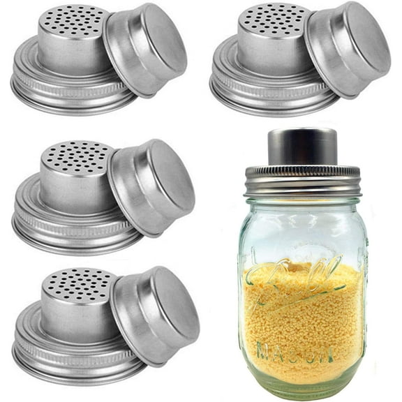 4 Pack Mason Jar Lids with Stainless Steel Dispenser, for Spices, Sugar, Salt & Pepper, Airtight Shaker Tops for Kitchen Pantry Organization & Baking