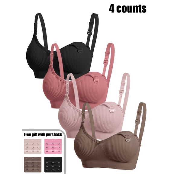 4-Pack Maternity Nursing Bras - Wireless Ribbed, Easy Clip Access, Soft Comfort Fit for Pregnancy & Postpartum