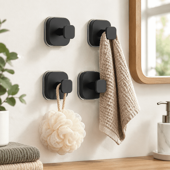 4 Pack Matte Black Stainless Steel Suction Cup Hooks For Bathroom Shower Towel Storage