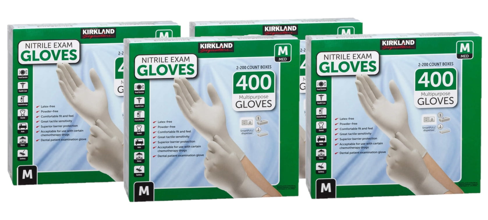 4 Pack Medium Kirkland Signature Latex Free Nitrile Exam Gloves, 400
