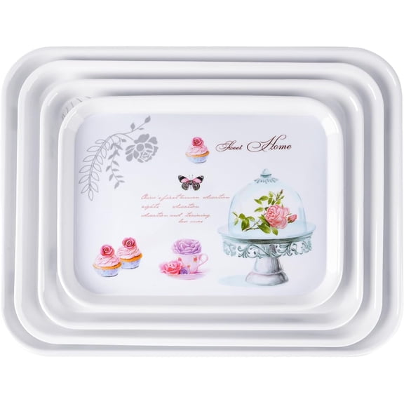 4-Pack Melamine Serving Trays Rectangle Floral Platter, Cake