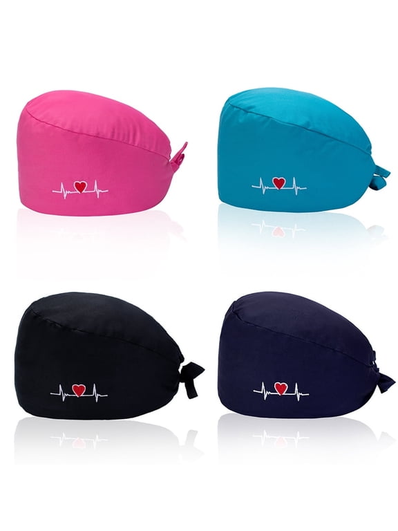 4 Pack Men and Women Scrub Cap with Adjustable Elastic Tie-Back Lightweight, Breathable No-Slip Unisex Surgical Cap