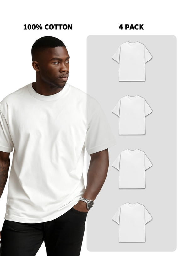 4-Pack Men's 100% Cotton Crew Neck Short-Sleeve T-Shirts, 180g, 1.5% Shrinkage Rate, Bulk