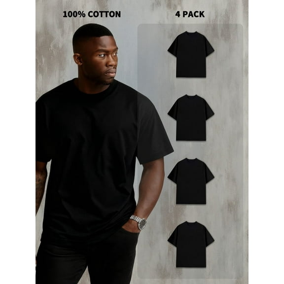4-Pack Men's 100% Cotton Short Sleeve Crew Neck Tees - 180g, Shrink-Resistant, Cost-Effective, Black