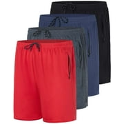 REAL ESSENTIALS 4 Pack: Men's 7" Athletic Running Quick Dry Mesh Shorts with Zipper Pockets (Available in Big & Tall)