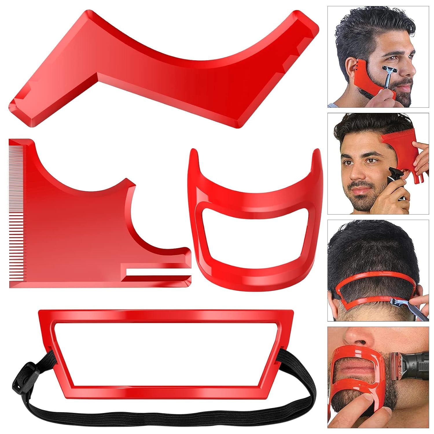 4 Pack Men's Beard Lineup Tool Kit with Goatee Shaper and Straightener (Red)
