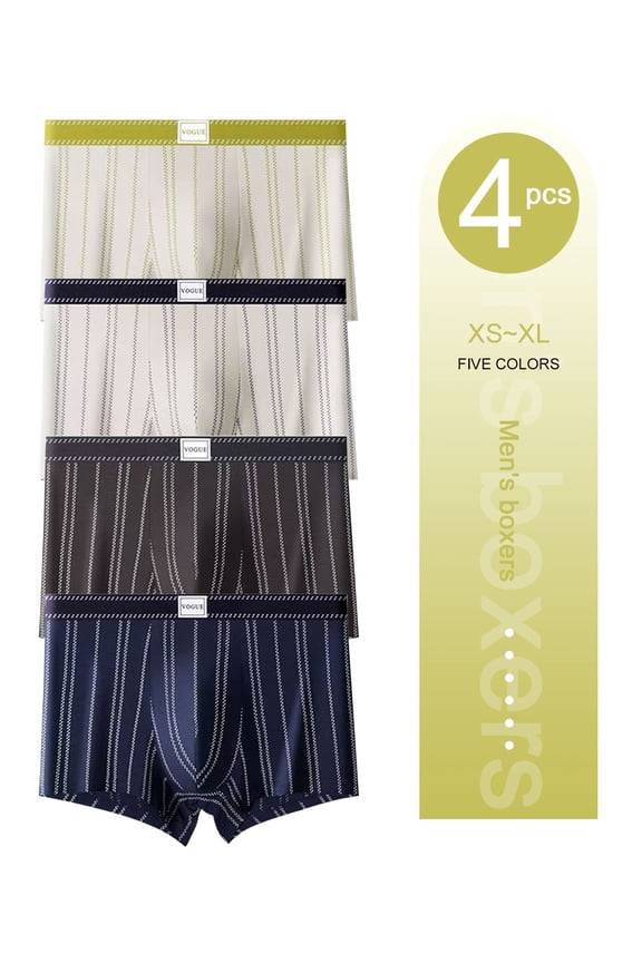 4-Pack Men's Boxers | "VOGUE" Logo Waistband for Sleek Style, Silky Fabric Breathable & Skin-Friendly Like Cloud Wrapping, Snug Fit Without Tightness. Multi-Color Stripe Designs Fit Daily Wear
