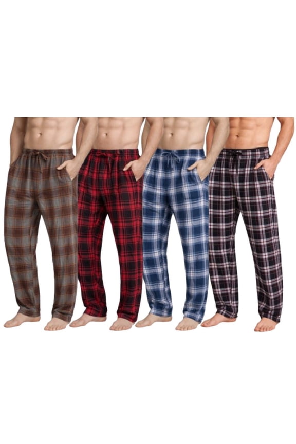 (4 Pack) Men's Cotton Knit Flannel Plaid Lounge Pajama Pants