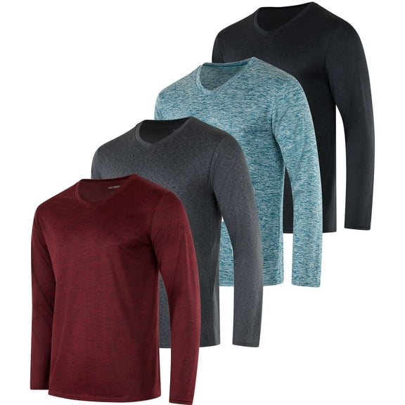 4 Pack Men's Dry Fit Long Sleeve V Neck T Shirts Athletic Workout Gym Tees