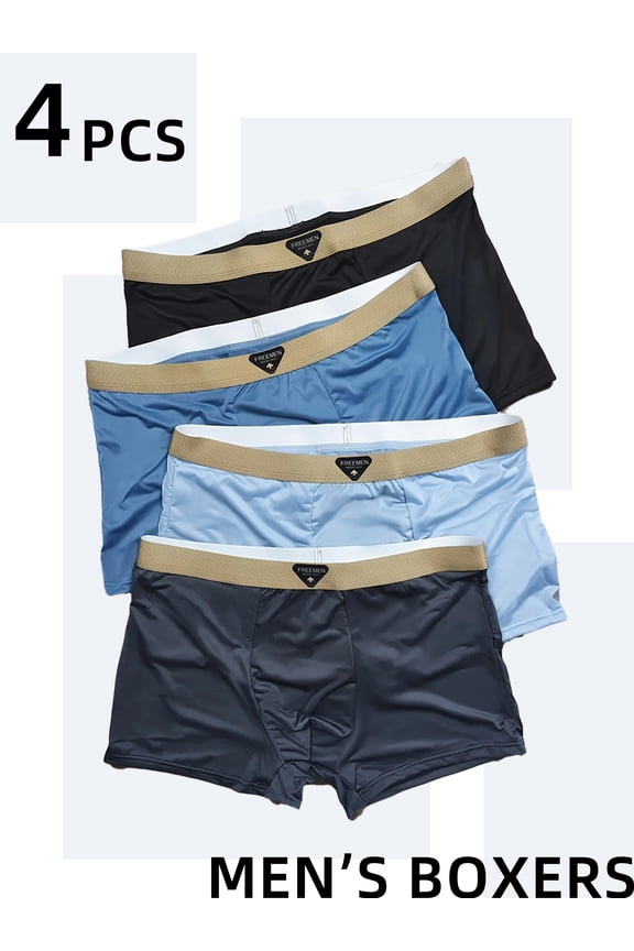4-Pack Men's "FREEMEN" Ice Silk Comfort Boxers | Cool Breathable Fabric, Seamless Waistband Snug Fit, Multi-Color Low-Saturation for Home/Commute. All-Day Fresh Men's Underwear