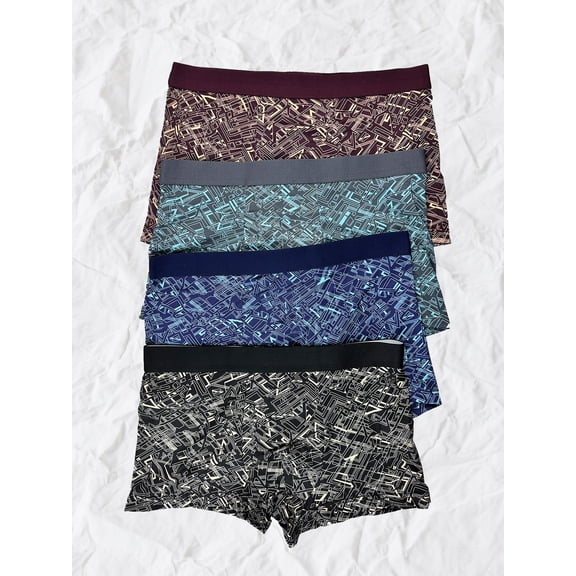4-Pack Men's Geometric Print Boxers | Trendy Line Pattern + Color-Block Waistband, Soft Breathable Skin-Friendly Fabric, Elastic Waistband Snug Fit Without Tightness.