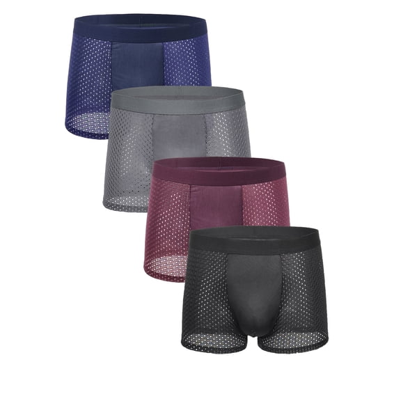 4-Pack Men's Ice Silk Mesh Boxers | Honeycomb Breathable Fabric + Color-Block Waistband, Snug Elastic Fit, Multi-Color for Daily/Sports. All-Day Fresh & Comfortable Trendy Underwear