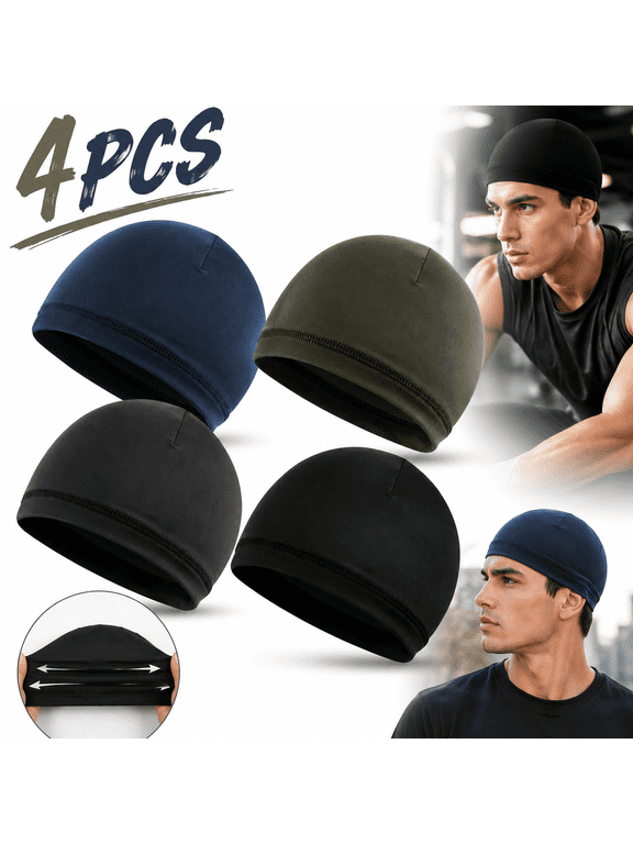 4-Pack Men's Skull Caps, Soft Lightweight Stretchy Skull Beanies for Sleeping, Cycling, Running and Helmet Liner, Breathable Moisture-Wicking Skull Hats