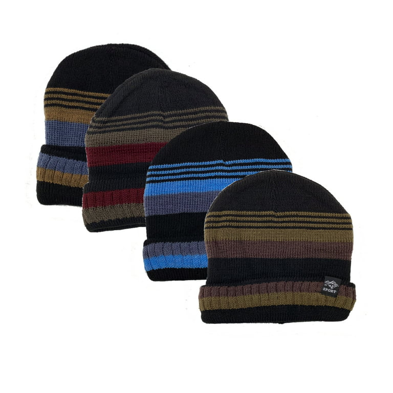 4 Pack Men's Thermal Fleece Lined Sports Fold Over Black Winter Hat Beanie