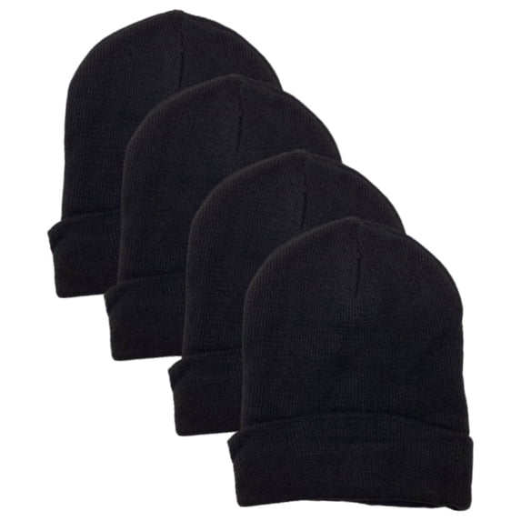 4 Pack Men's Thermal Fleece Lined Winter Insulated Cuff Beanie Hat (Black)