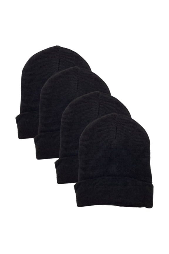 4 Pack Men's Thermal Fleece Lined Winter Insulated Cuff Beanie Hat (Black)