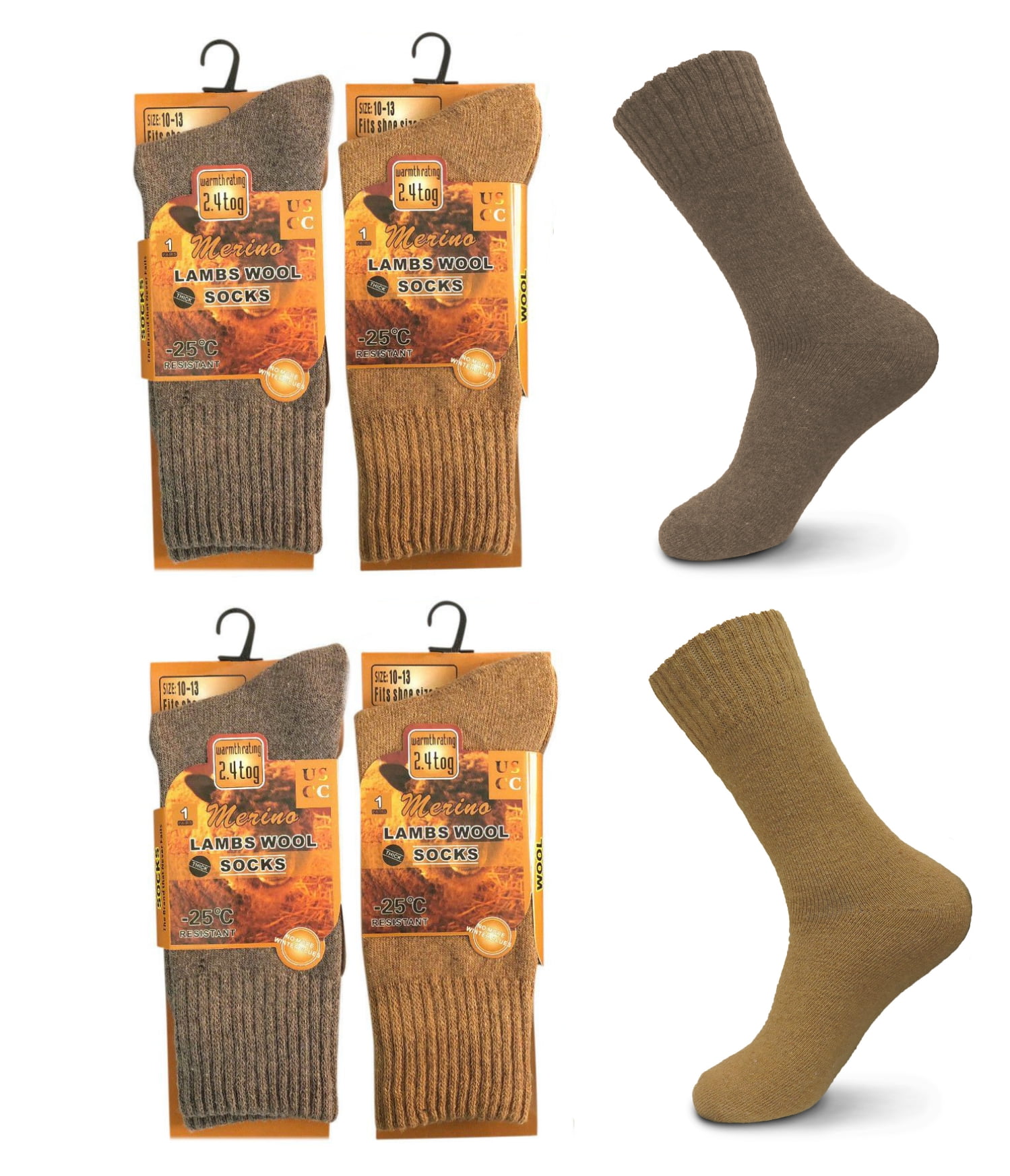 4 Pack Men's Warm Thermal Merino Wool Winter Socks- Beige & Cedar Brown ...