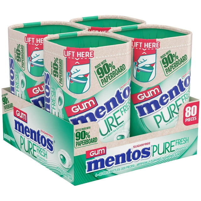 4 Pack Mentos Sugar Free Pure Fresh Gum, Spearmint with Green Tea