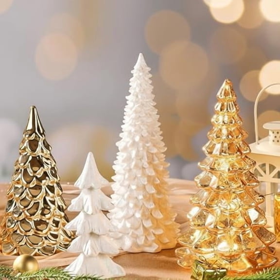 4 Pack Mercury Glass Table Decoration Gold Ceramic Glitter Xmas Pine Tree Figurine White Resin Tabletop Decoration for Christmas Winter Table Centerpiece Shelf Decor