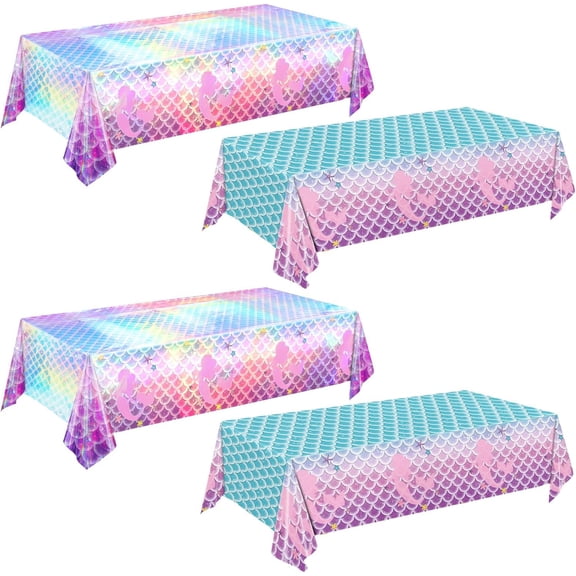 4 Pack Mermaid Laser Tablecloth, 54 x 108 Inch Iridescent Plastic Table Cover, Disposable Waterproof Tablecloth for Mermaid Birthday Party, Under The Sea Decorations and Ocean Theme Events