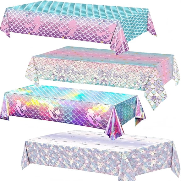 4 Pack Mermaid Tablecloth - 108x54 Inch Mermaid Birthday Party Table Cover for Birthday Wedding Mermaid Themed Party Decorations