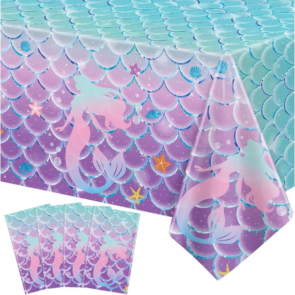 4 Pack Mermaid Tablecloth, 86 x 51 Inch Disposable Plastic Table Cover for Under The Sea Birthday Party, Ocean Theme Party, Princess Decorations, Baby Shower and Kids Party Supplies