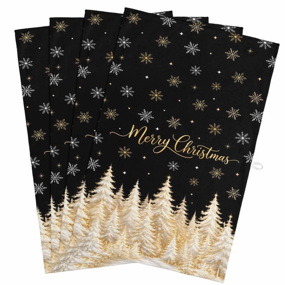 4 Pack Merry Christmas Kitchen Towels Christmas Tree Pine Forest Gold Snowflakes Black Decorative Dish Towel Sets Absorbent Quick Dry Hand Cloths Tea Towels for Cooking Baking Farmhouse Gifts 18x28in