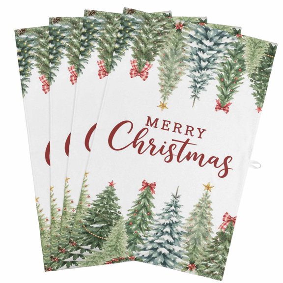 4 Pack Merry Christmas Kitchen Towels Cottagecore Pine Tree White Decorative Dish Towel Sets Absorbent Quick Dry Hand Cloths Tea Towels for Cooking Baking Farmhouse Gifts 18x28in