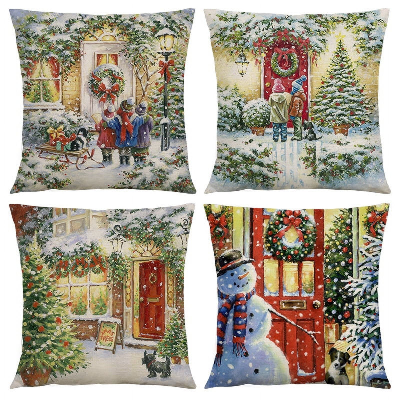 4 Pack Merry Christmas Pillow Cover 18 x 18 Inch, Reindeer Snowflakes