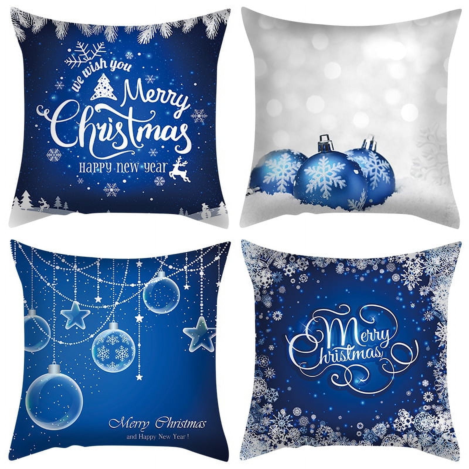 4 Pack Merry Christmas Pillow Cover 18 x 18 Inch, Reindeer Snowflakes Blue Christmas Home Decor