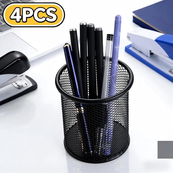 4 Pack Mesh Pen Holder, Metal Round Pen Cup, Desk Organizer Pencil Holder for Office, Home, Pen Organizer for Desk, Stationery Storage Container for Pens, Pencils, Markers