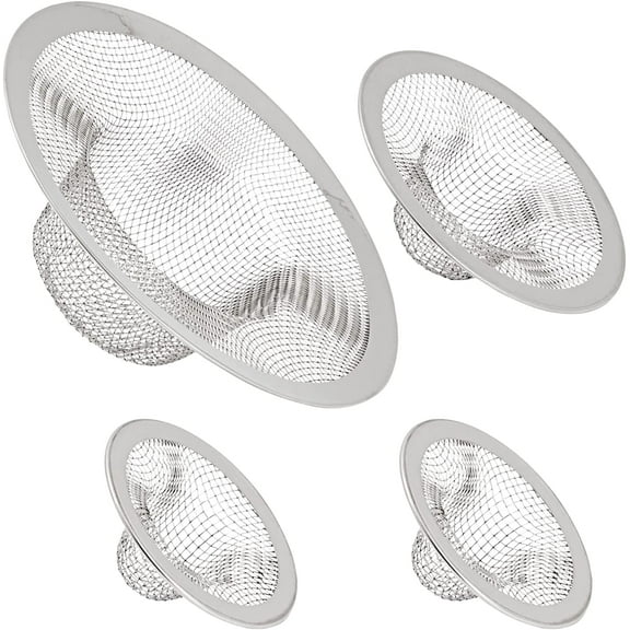 4-Pack Mesh Sink Strainer for Kitchen, Stainless Steel Drain Screen Stoppers for Bathroom, Basket for Bathtub Hair, Wire Filter Drain Catcher (3 Assorted Sizes)