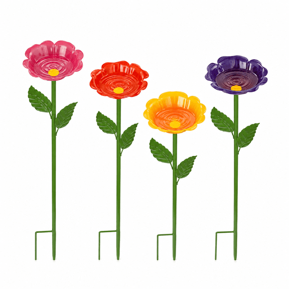 4 Pack Metal Bee Watering Stations, Colorful Flower Bee Bath Stakes for Bees, Butterflies and Pollinators, Outdoor Garden Yard Patio Decor