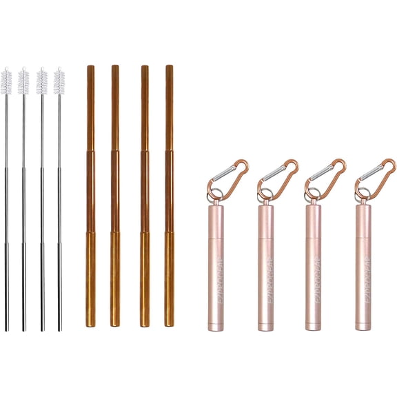 4 Pack Metal Collapsible Stainless Steel Drinking Straw Rose Gold ColorPortable Straws with Case (4 Pack, RoseGold)