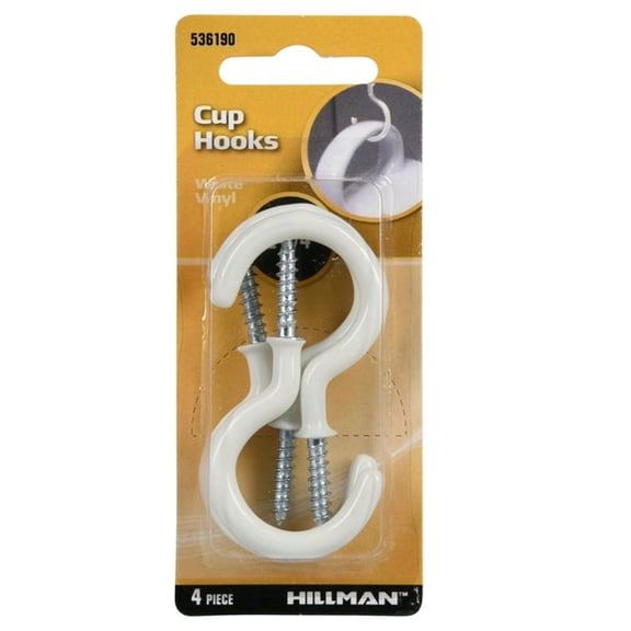 4 Pack Metal Cup Hooks with White Vinyl Coating, 2-1/4 Inch Screw-In Hanging Hooks for Kitchen, Garage, Storage Organization & DIY Home Projects, White