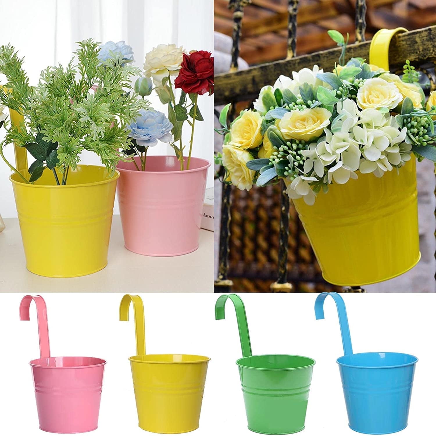 Topboutique 4 Pack Metal Flower Hanging Plant Pot Vase Basket Bucket with Hook - Flower Plant Pots ,Garden Hanger Planter Decor (Pack of 4), Yellow,Blue,Green,Pink