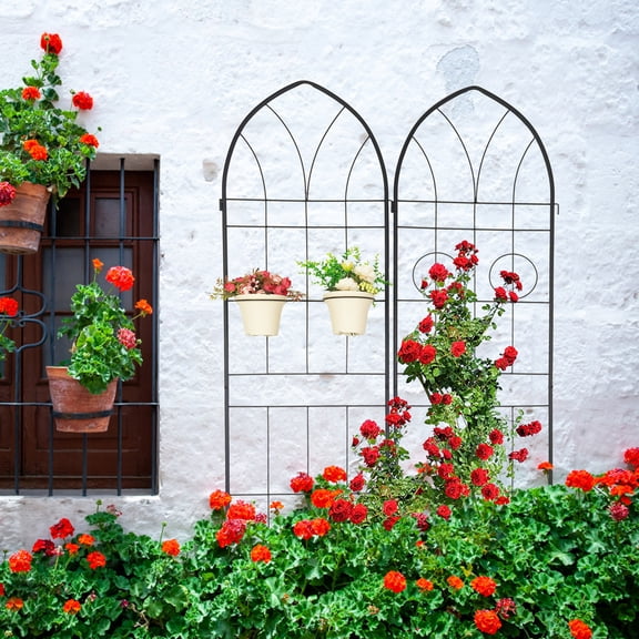4 Pack Metal Garden Trellis, 78.7" H x 19.7" W, Rustproof Iron Climbing Plant Support, Outdoor Flower Trellis with Pot Holders for Rose, Ivy, Clematis, Garden Decoration, Black