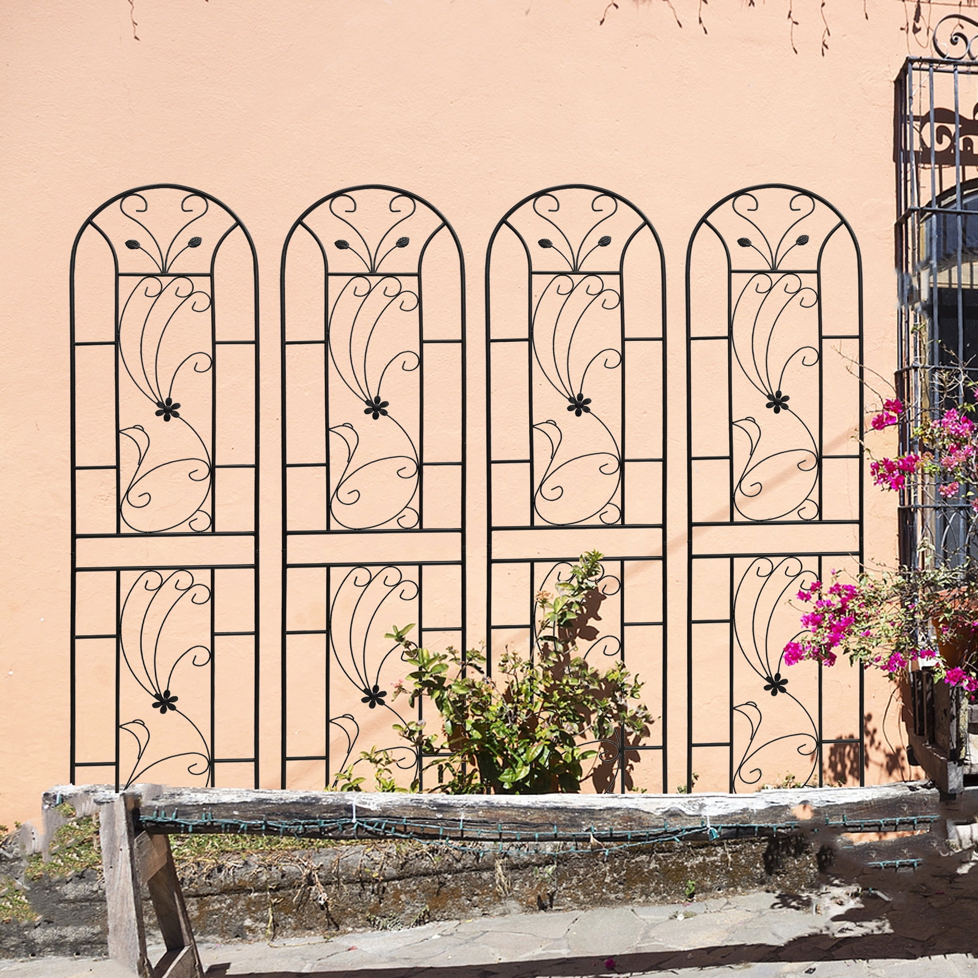 4 Pack Metal Garden Trellis 86.7" x 19.7" Rustproof Trellis for Climbing Plants Outdoor Flower Support Peacock Style Black