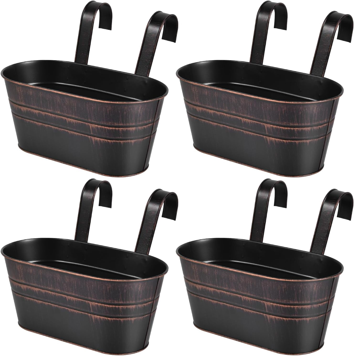 4 Pack Metal Hanging Flower Pots Iron Railing Planter Outdoor Fence Hanging Pots Bucket Plant Holder with Detachable Hooks Drain Holes for Home Garden Yard Decor (Black)