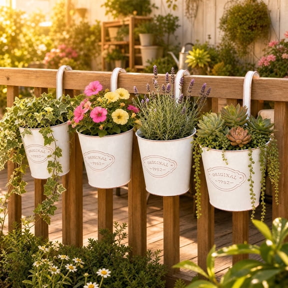 4-Pack Balcony Railing Planters, 4.17" White Metal Hanging Pots for Deck Fence