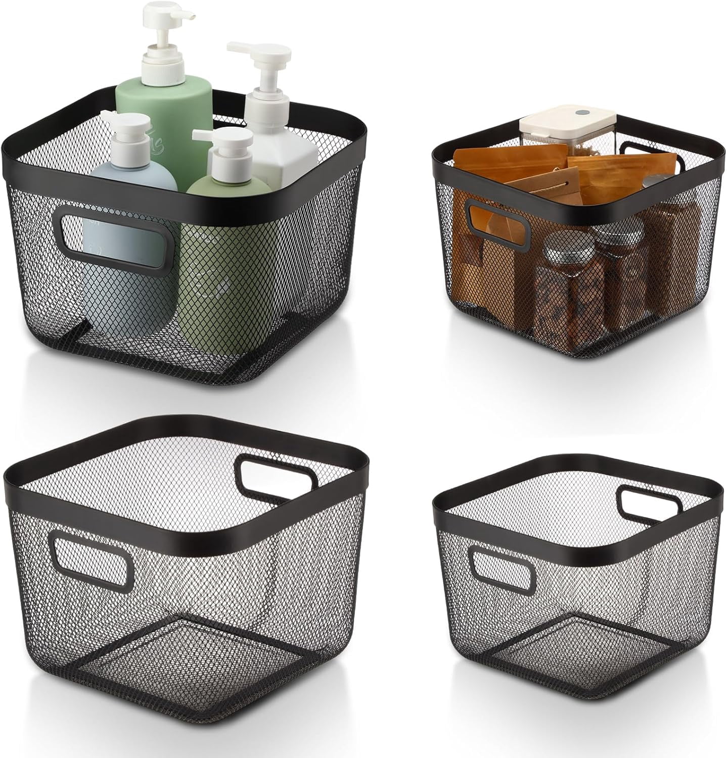 4 Pack Metal Mesh Basket with Hollow Handles Black Wire Storage Bin for Organizing Stackable Metal Fine Mesh Basket for Pantry Bathroom Kitchen Cabinets Shelves (Medium and Large)