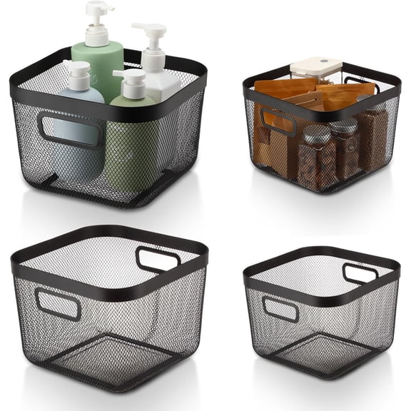 4 Pack Metal Mesh Basket with Hollow Handles Black Wire Storage Bin for Organizing Stackable Metal Fine Mesh Basket for Pantry Bathroom Kitchen Cabinets Shelves (Medium and Large)