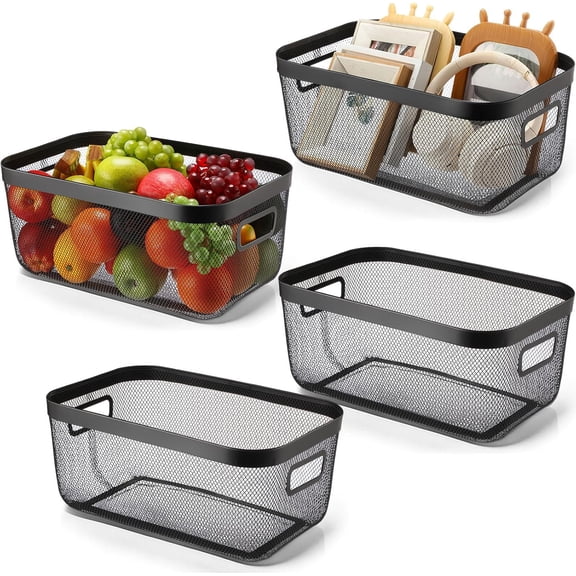 4 Pack Metal Mesh Basket with Hollow Handles Black Wire Storage Bin for Organizing Stackable Metal Fine Mesh Basket for Pantry Bathroom Kitchen Cabinets Shelves (X-Large)