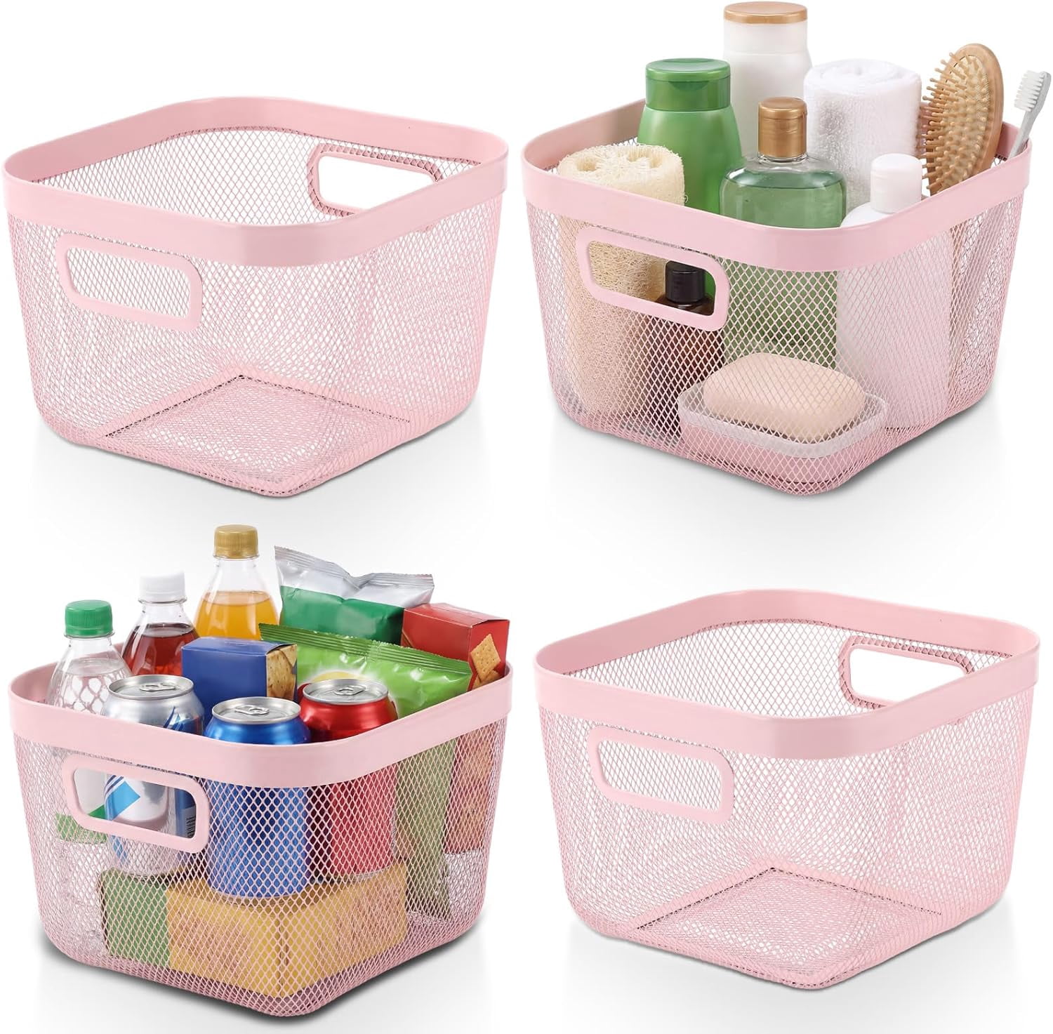 4 Pack Metal Mesh Basket with Hollow Handles Pink Wire Storage Bin for Organizing Stackable Metal Fine Mesh Basket for Pantry Bathroom Kitchen Cabinets Shelves