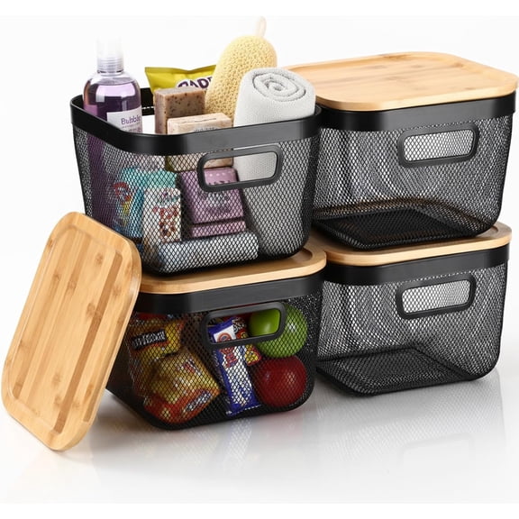 4 Pack Metal Mesh Steel Basket with Bamboo Lids 9.65 x 9.65 x 6.89 Inches Stackable Metal Mesh Basket with Handles Wire Storage Bin for Storage Fruits Pantry Bathroom Kitchen Cabinets Shelves